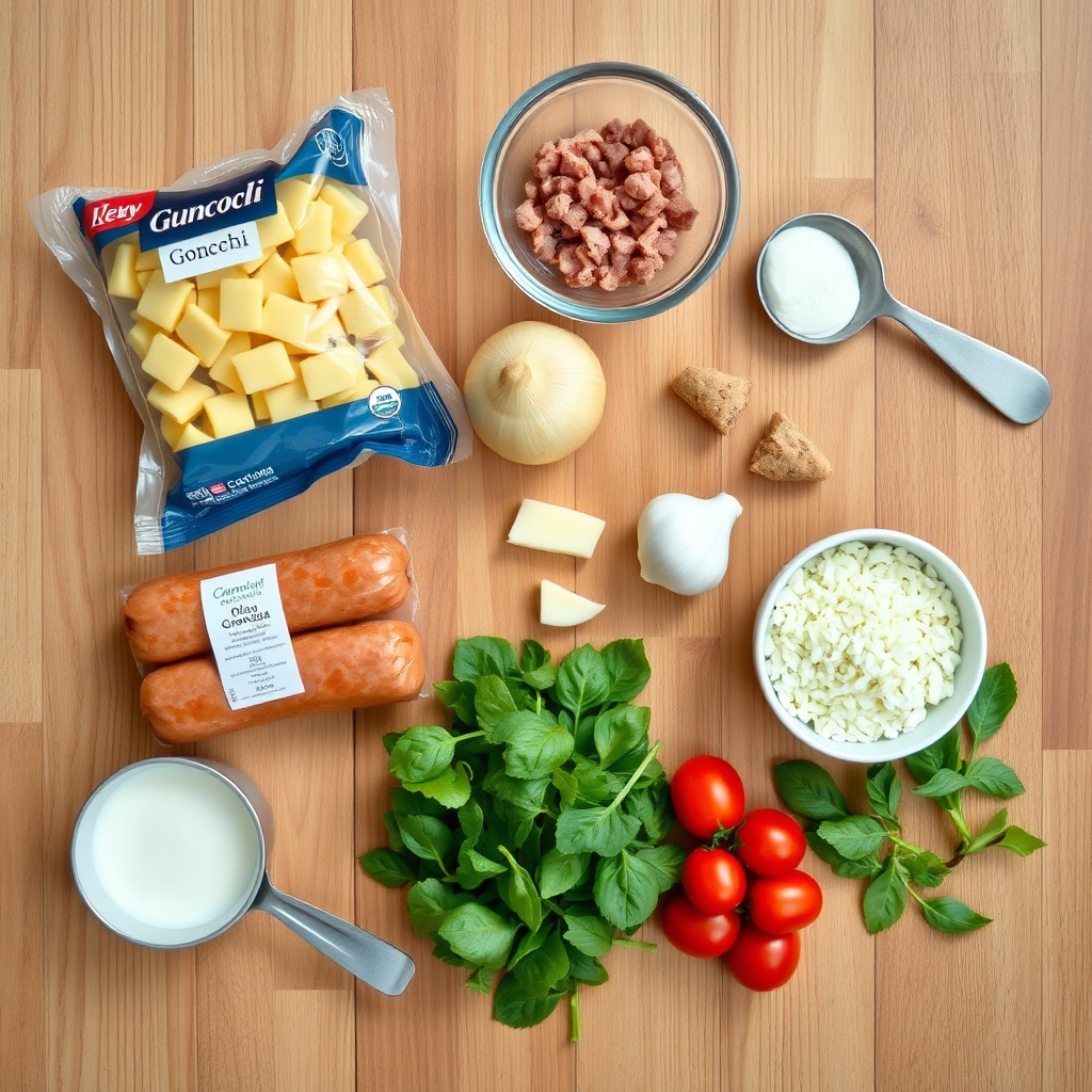 Raw ingredients for creamy tuscan gnocchi laid out on a wooden surface