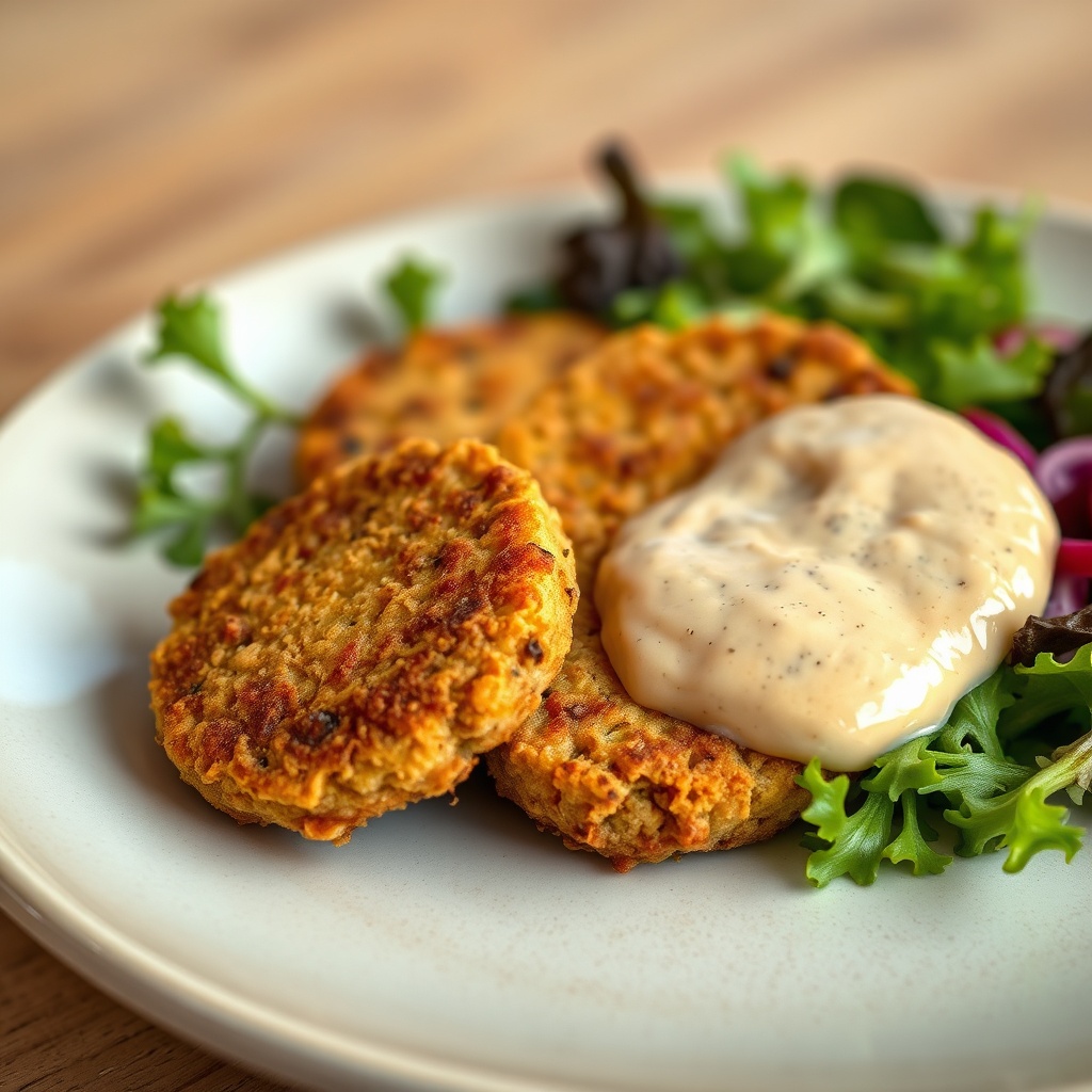 Plated falafel with tahini sauce, served with a side of mixed greens