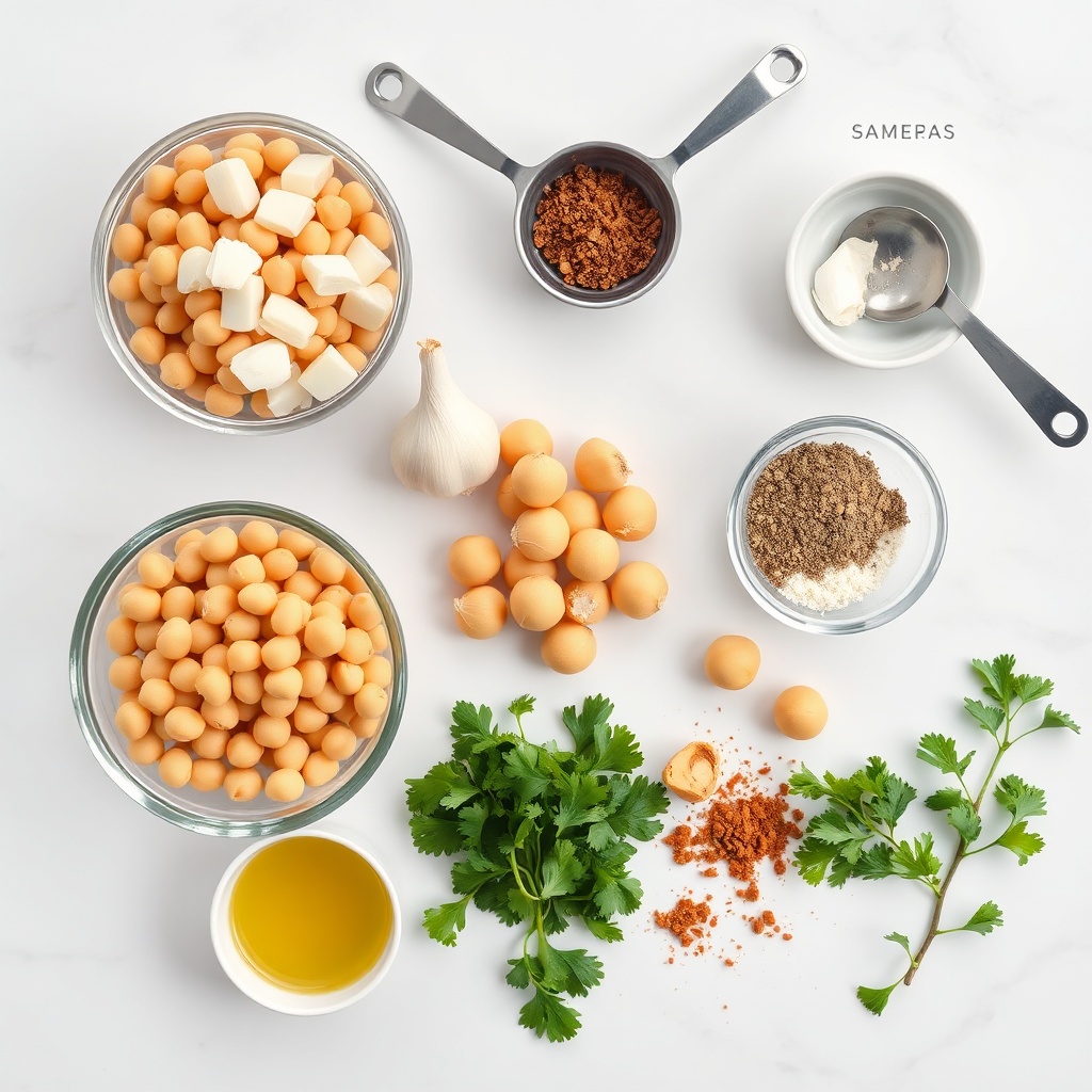 Chickpeas, garlic, parsley, cumin, and other ingredients for falafel