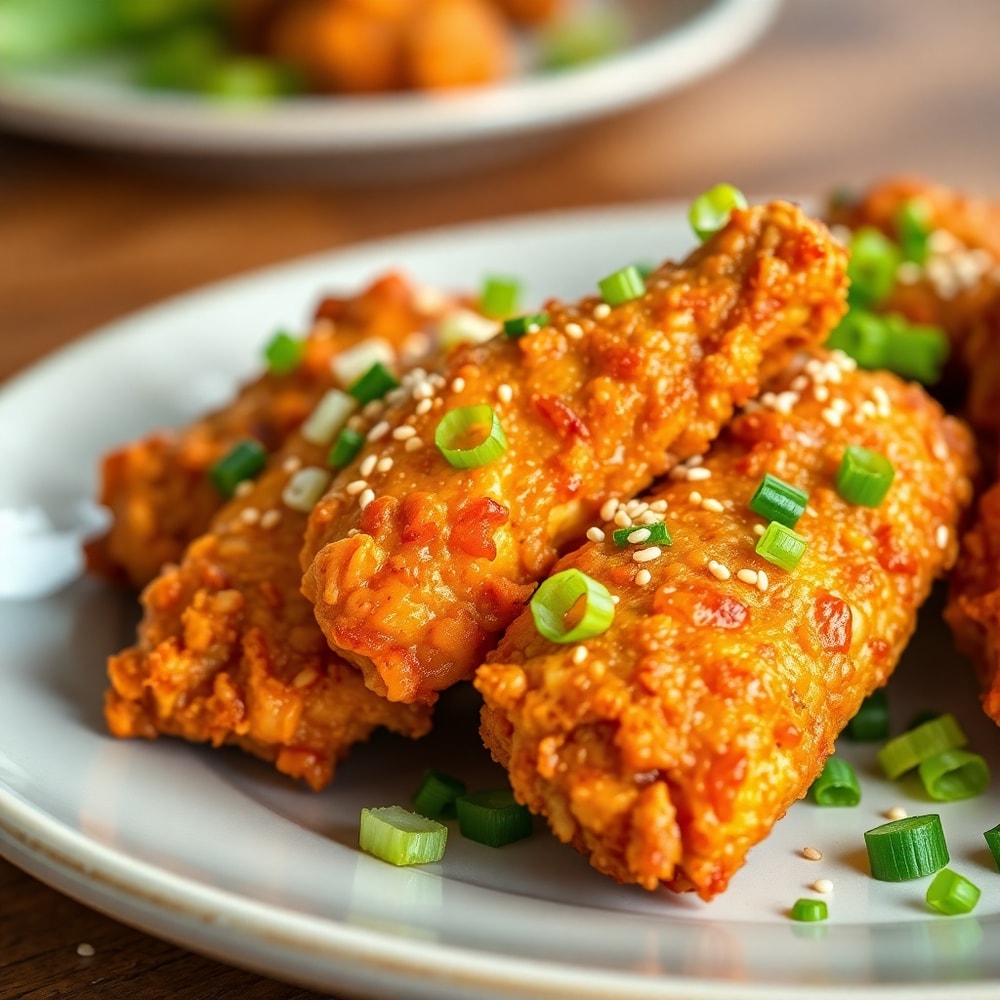 Plated Crispy Bang Bang Chicken Tenders with garnish