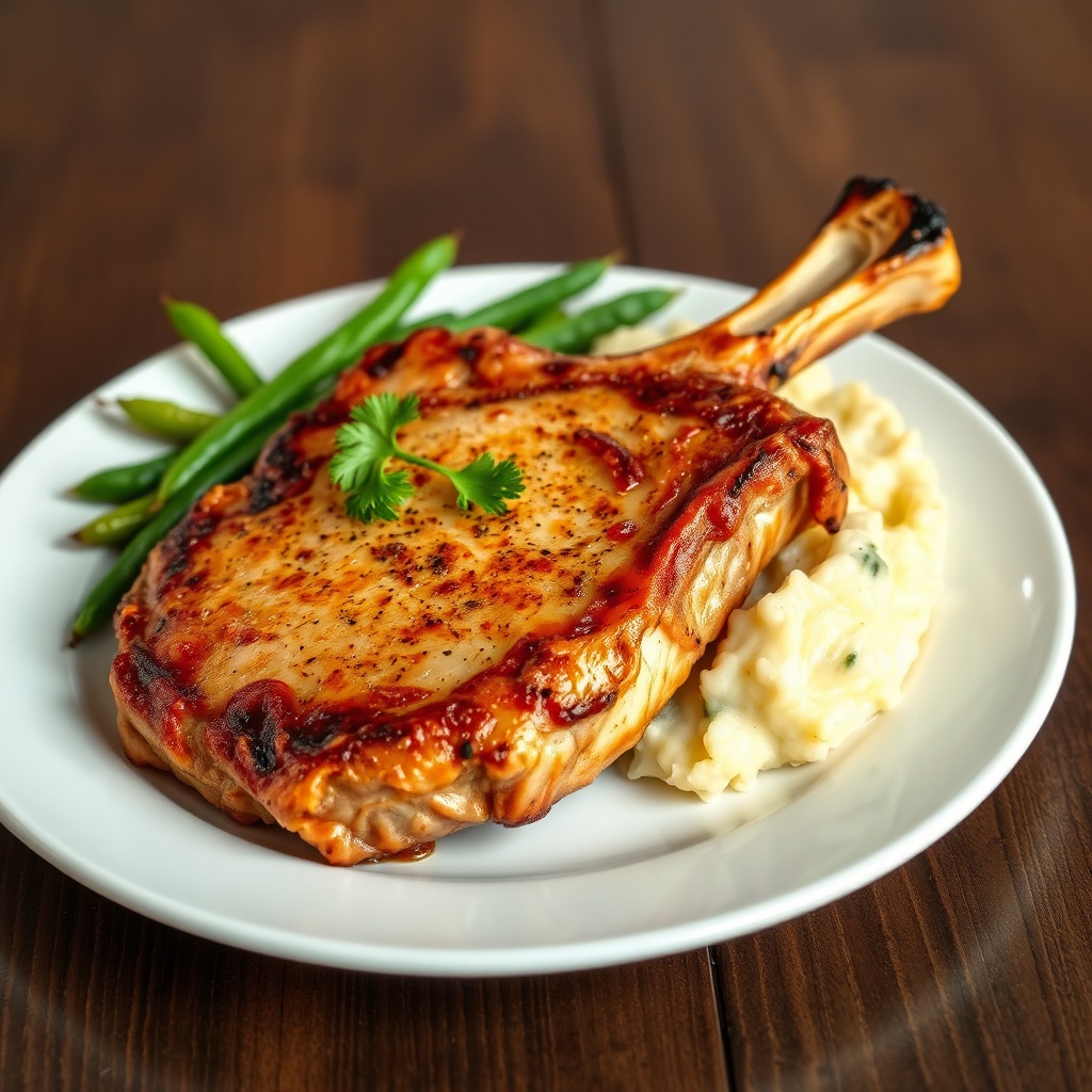 Plated crispy beer marinated pork chops with a side of mashed potatoes and green beans