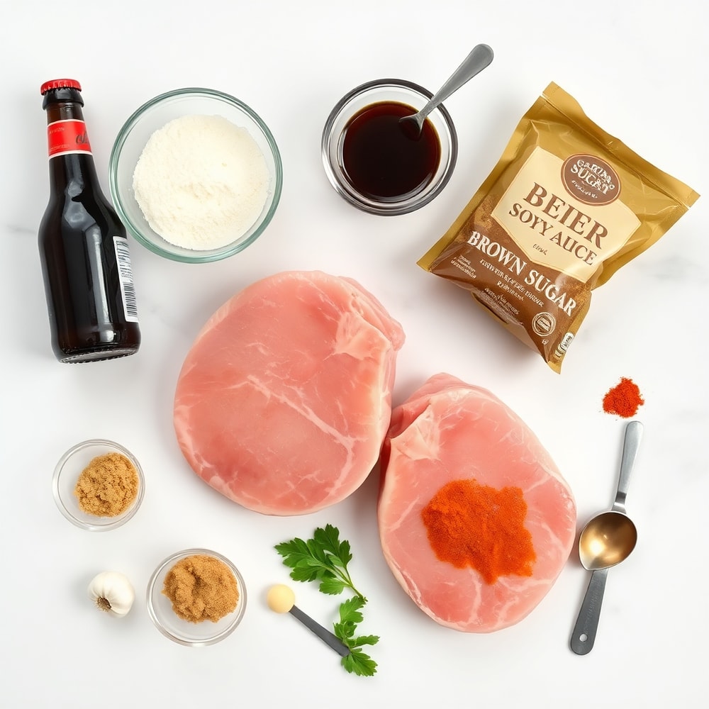 Raw ingredients for beer marinated pork chops including pork chops, beer, soy sauce, brown sugar, garlic, and paprika