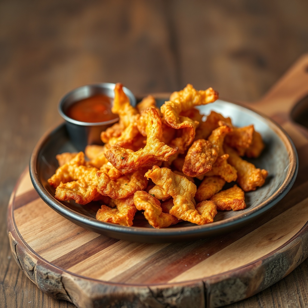 Chicken skin chips plated on a rustic wooden board