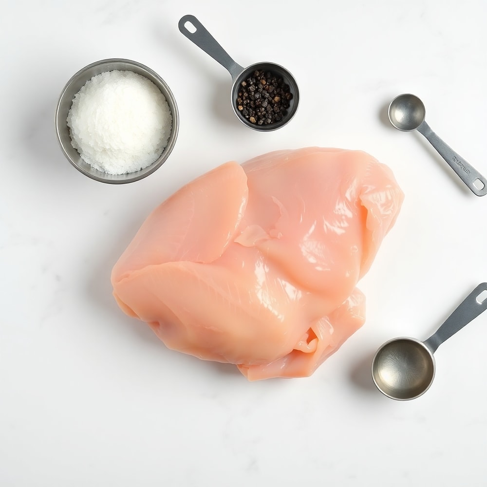 Raw chicken skin, salt, and pepper arranged on a white marble surface