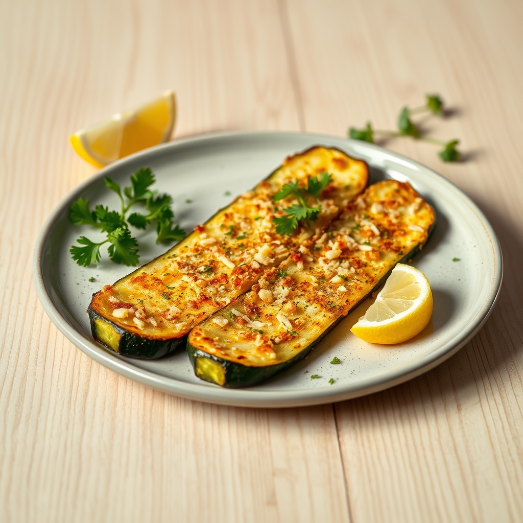 Crispy Garlic Parmesan Roasted Zucchini plated on a light wooden surface