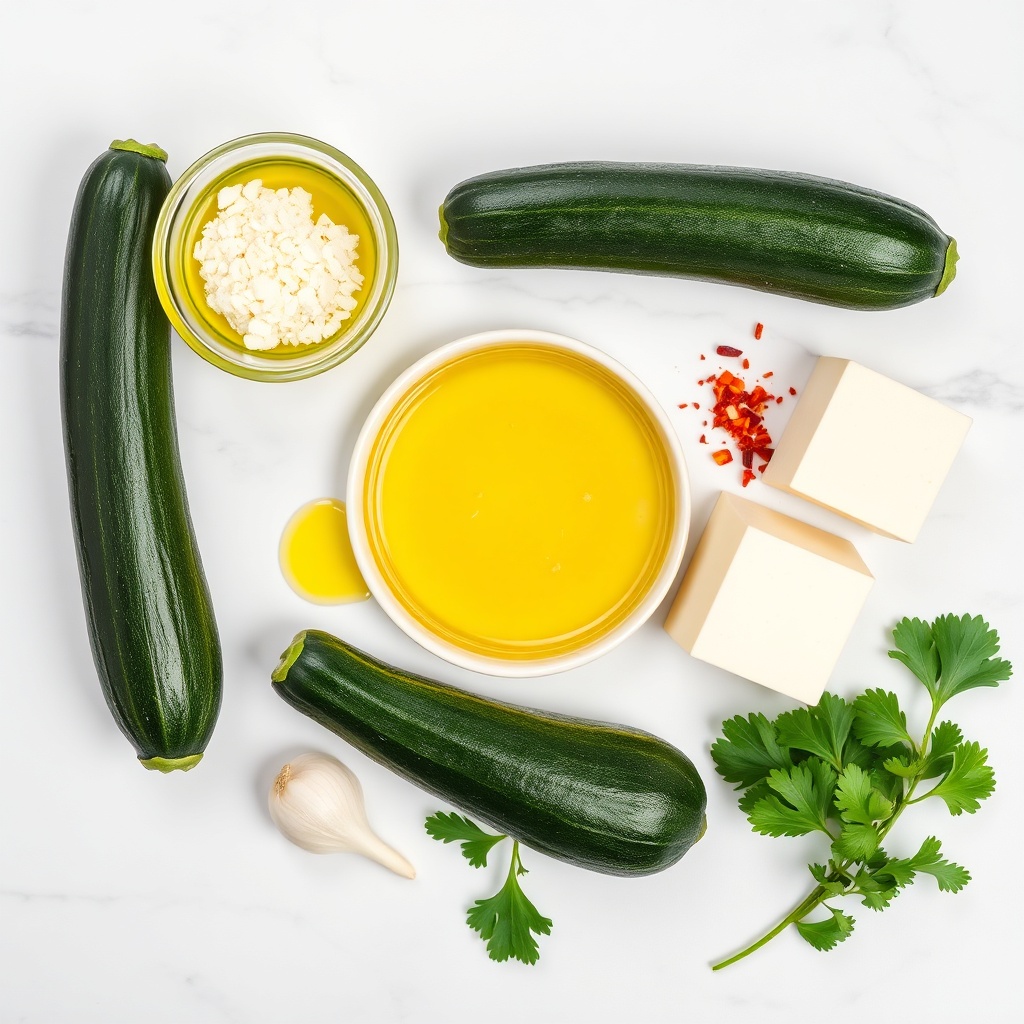 Raw ingredients for Crispy Garlic Parmesan Roasted Zucchini on a white marble surface