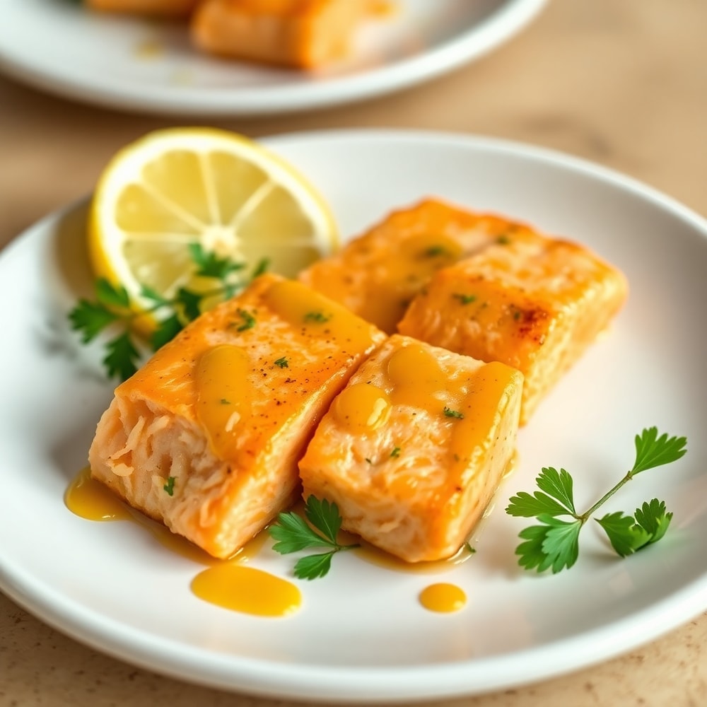 Plated Honey Mustard Salmon Bites with lemon wedges