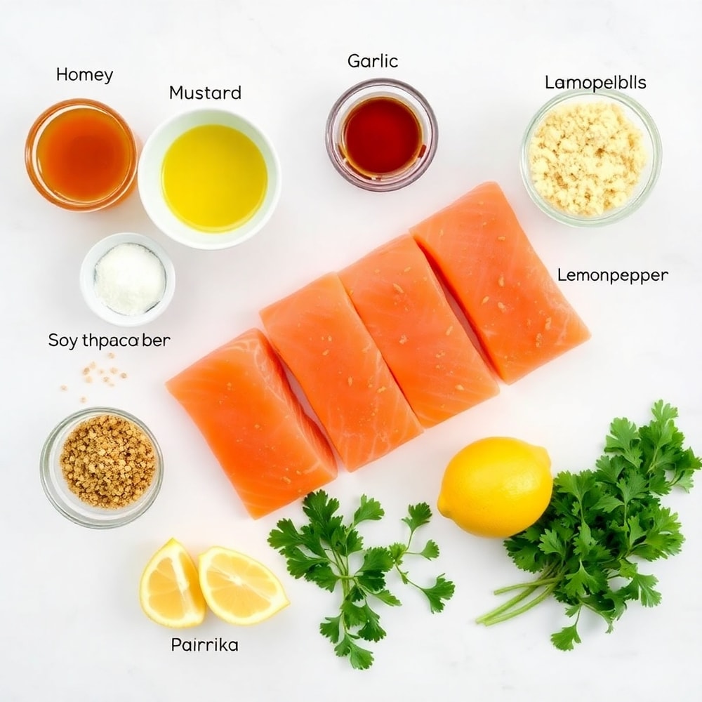 Raw ingredients for Honey Mustard Salmon Bites arranged on a marble surface