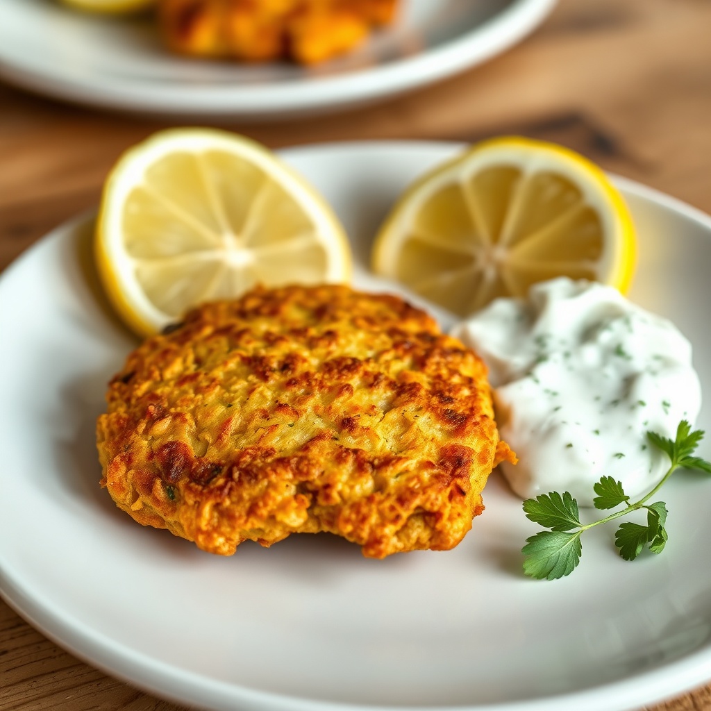 Mediterranean lemon chickpea patties plated with lemon wedges