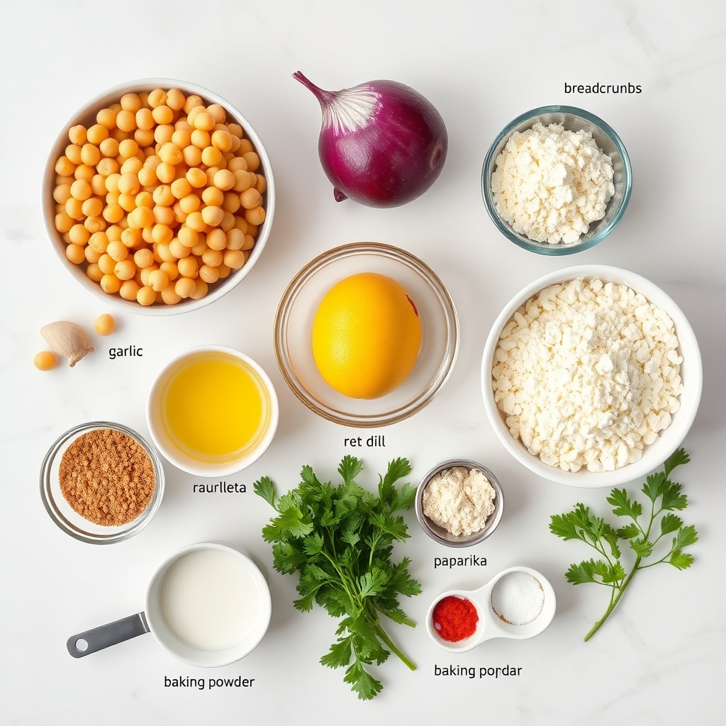 Raw ingredients for Mediterranean lemon chickpea patties on a marble surface