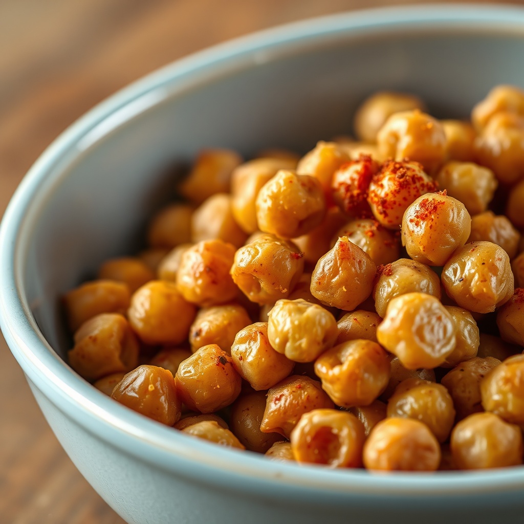 A bowl of crispy roasted chickpeas with a sprinkle of paprika