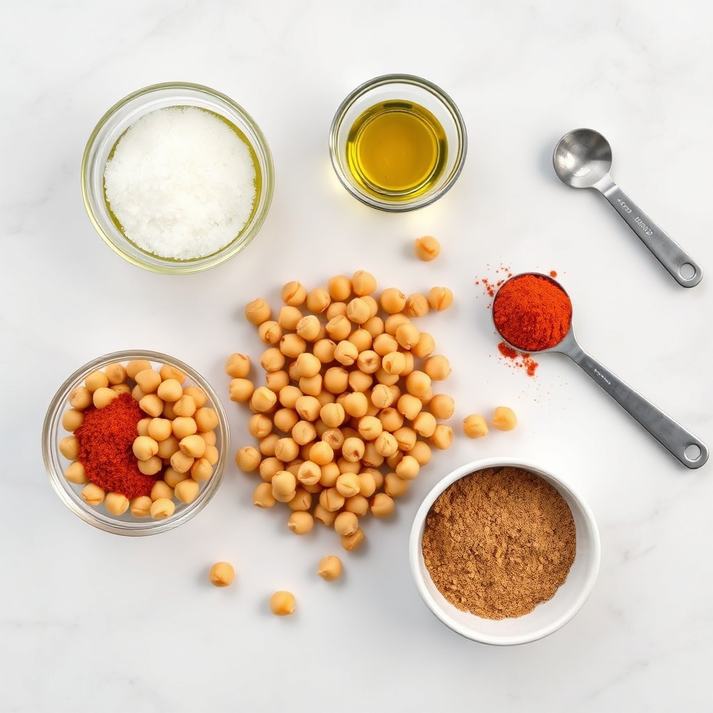 Raw chickpeas, olive oil, salt, and spices laid out on a wooden surface