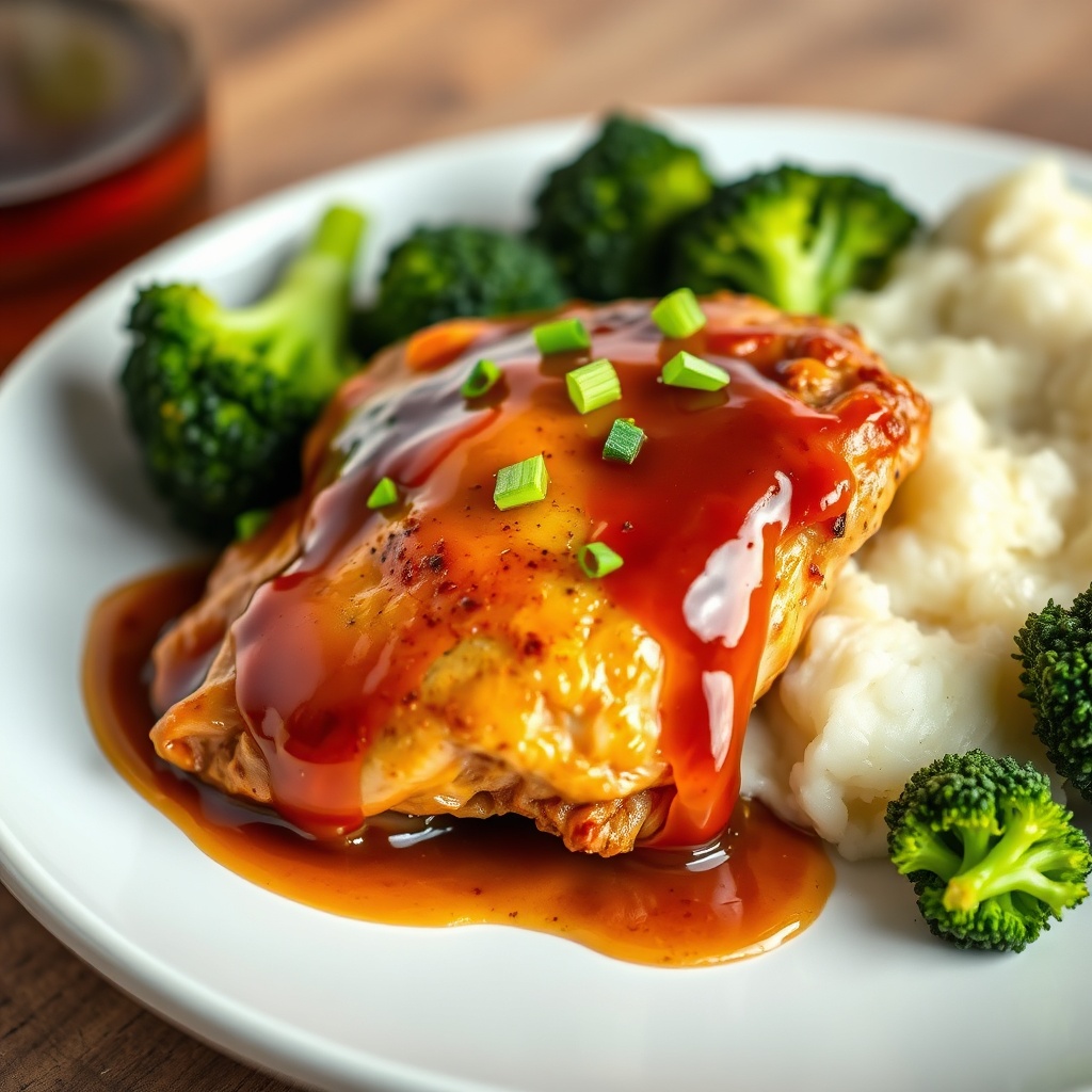 Plated serving of crock pot bourbon chicken with steamed broccoli and mashed potatoes