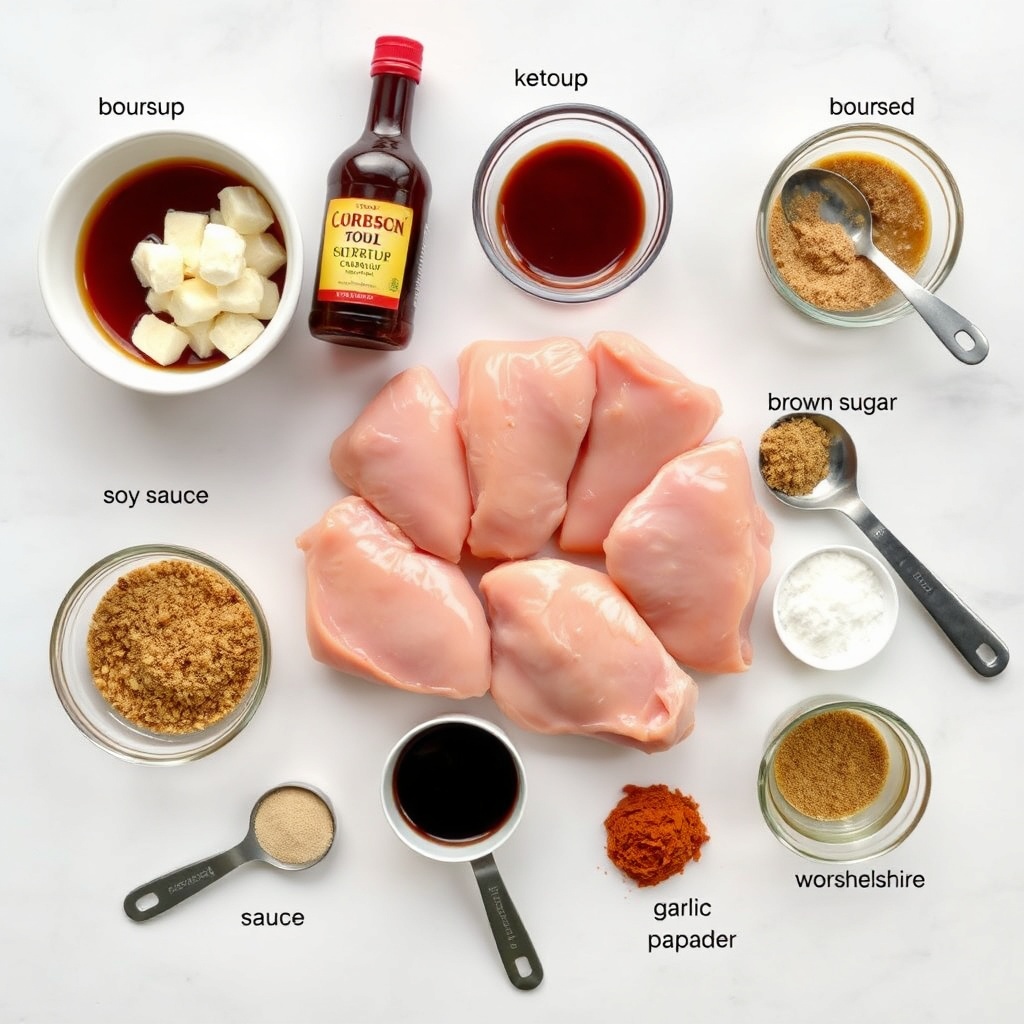 Raw ingredients for crock pot bourbon chicken including chicken thighs, bourbon, and brown sugar