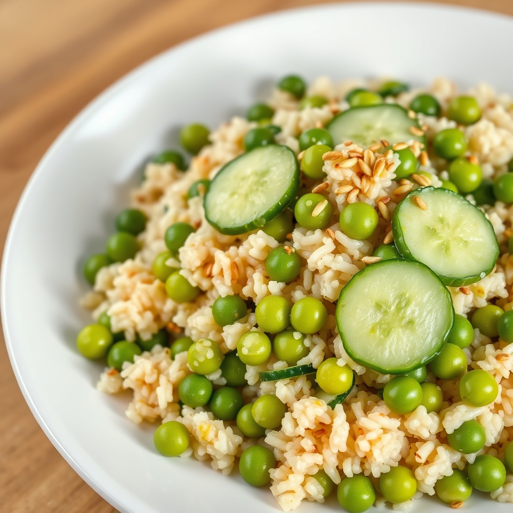 Cucumber Edamame Rice Salad on a Plate