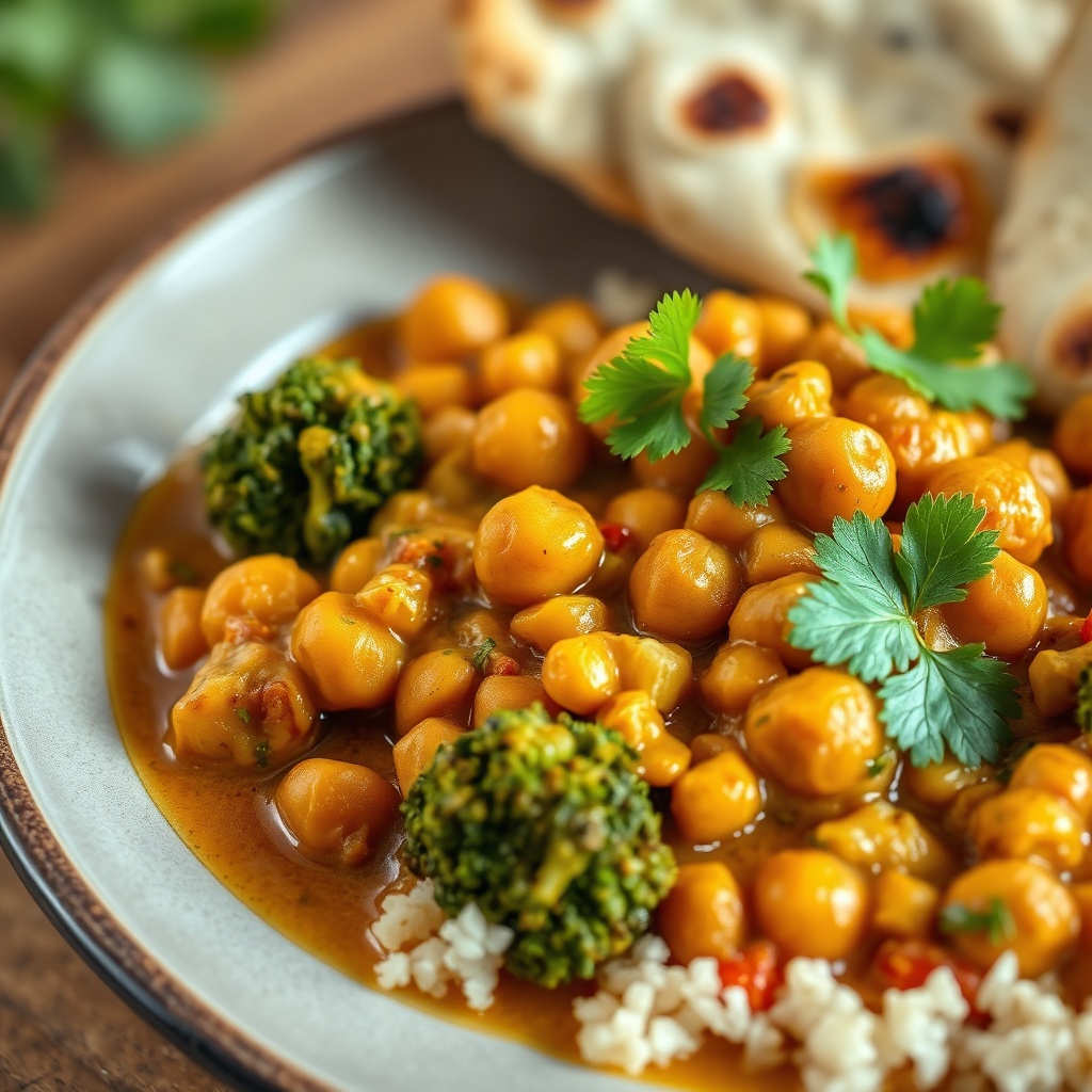 Broccoli Chickpea Curry served on a plate with naan bread