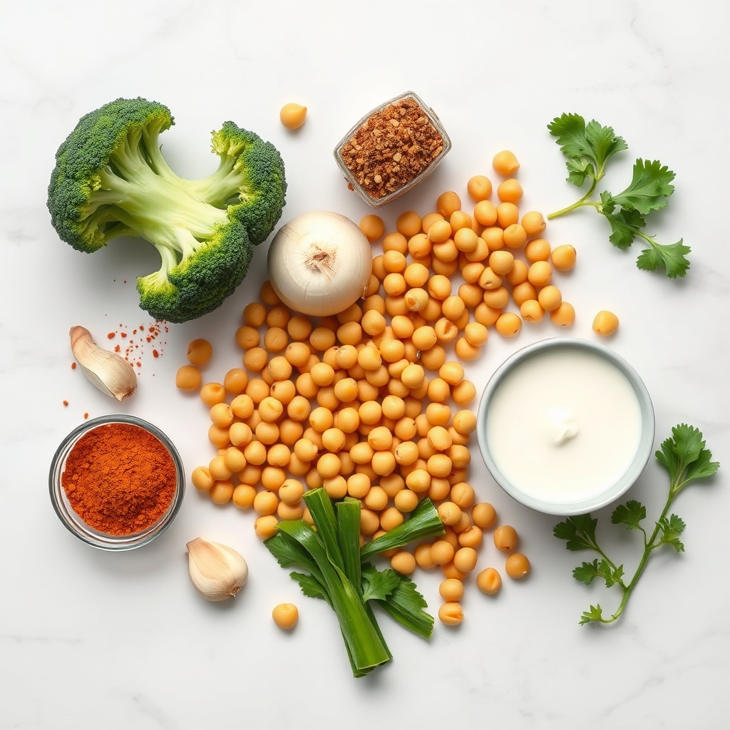 Broccoli, chickpeas, onion, garlic, and spices arranged in a flat lay