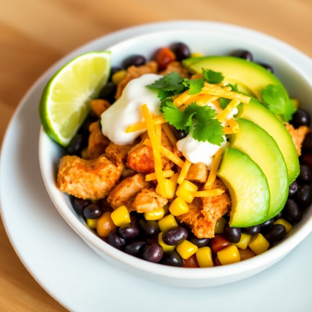 Southwest Chicken Bowl plated with avocado, corn, black beans, and a squeeze of lime