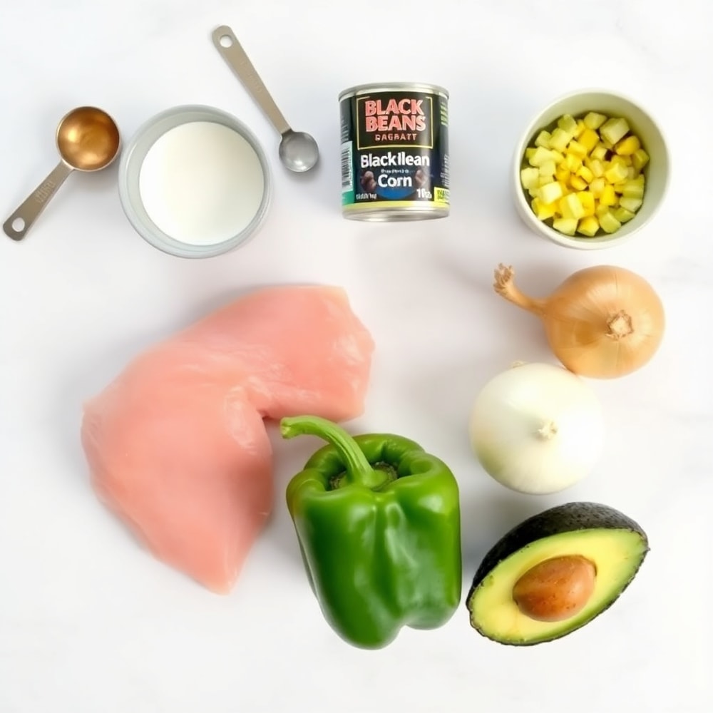 Raw ingredients for Southwest Chicken Bowl: chicken, bell peppers, onion, spices, and more