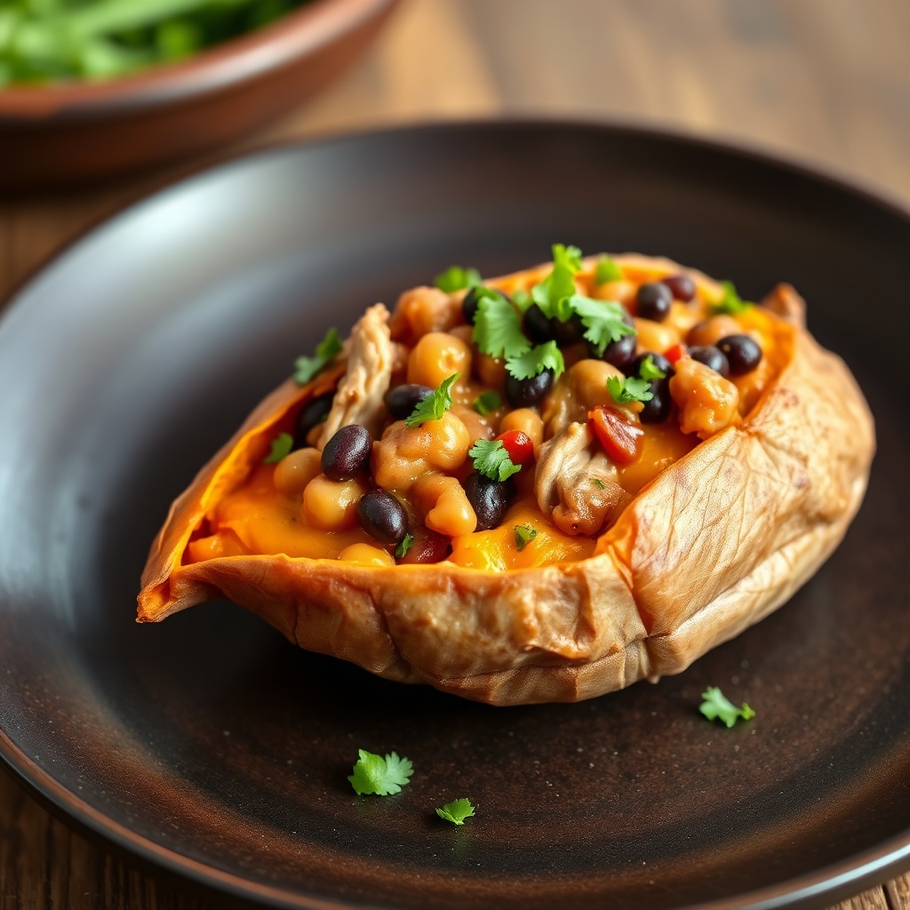 Finished turkey and black bean stuffed sweet potatoes