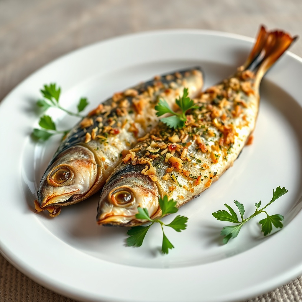 One perfect plated serving of garlic herb crusted roasted sardines on a white plate, garnished with fresh parsley.