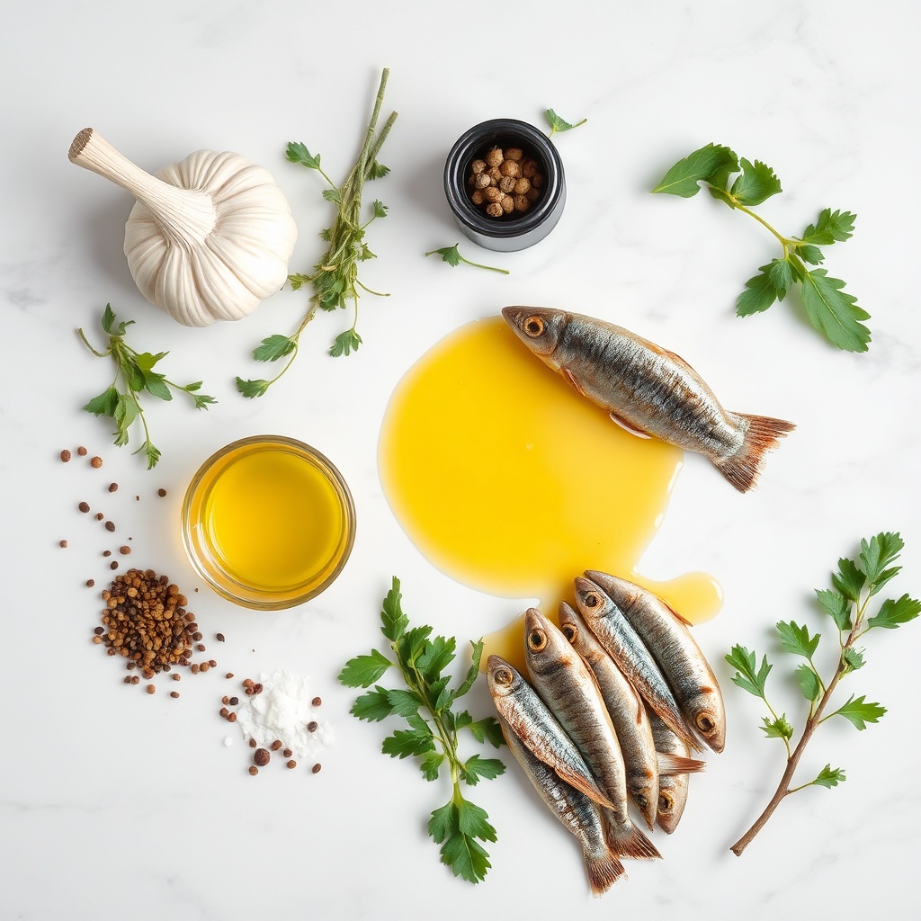Overhead flat lay of garlic, fresh herbs, olive oil, salt, pepper, and sardines on a white marble surface.