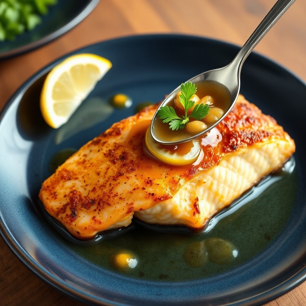 Plated serving of crispy brown butter skillet salmon