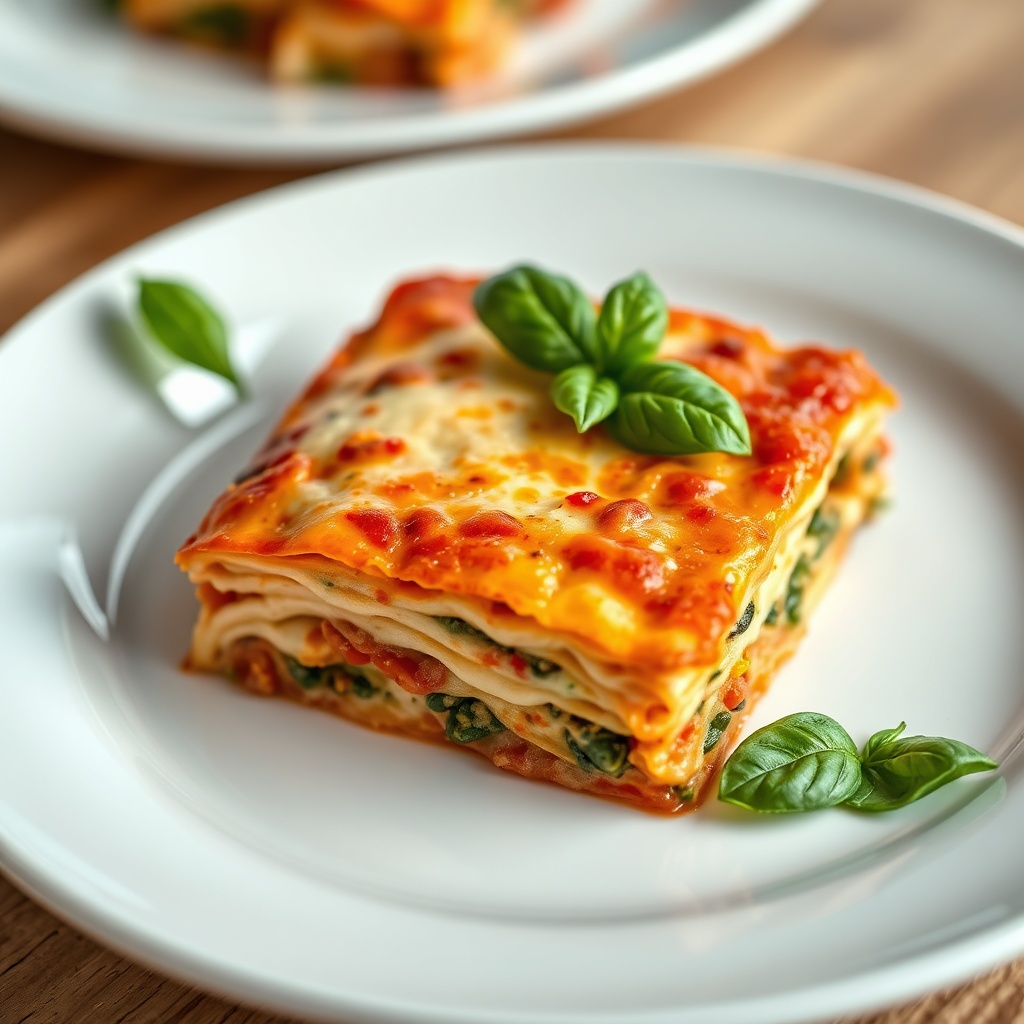 Plated serving of gluten free veggie lasagna with fresh basil garnish