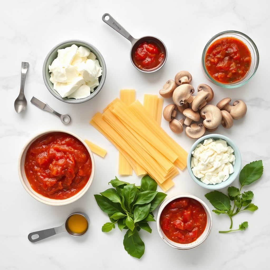 Raw ingredients for gluten free veggie lasagna including gluten free noodles, spinach, and ricotta cheese
