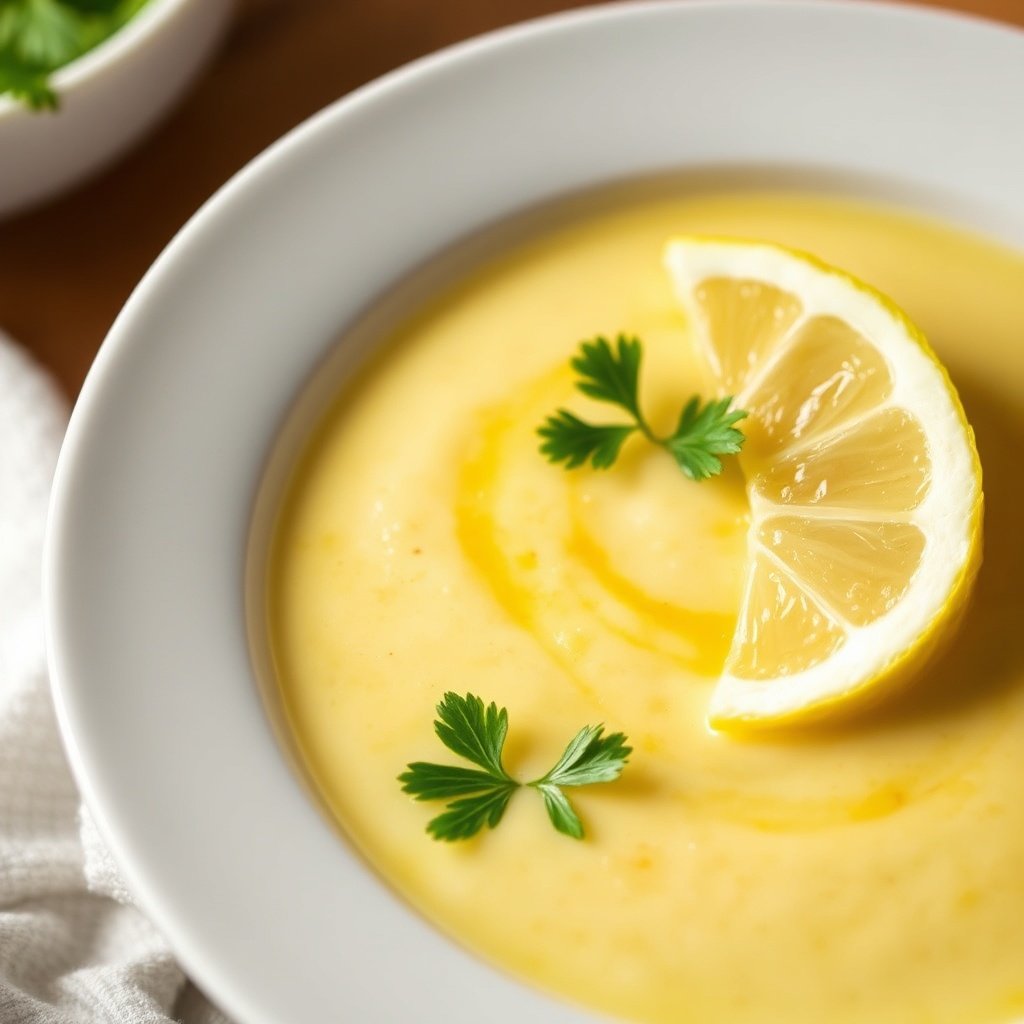 Greek Egg and Lemon Soup plated with lemon wedge