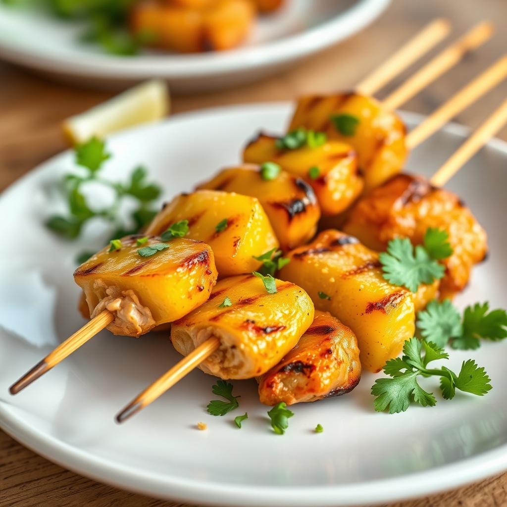Plated grilled pineapple chicken skewers with fresh cilantro