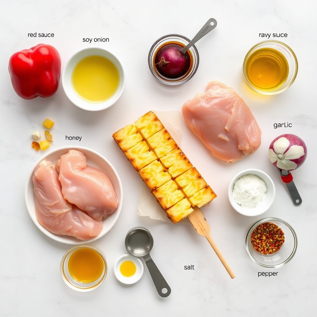 Raw ingredients for grilled pineapple chicken skewers on a marble surface