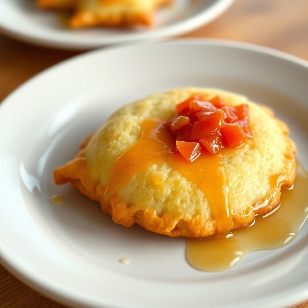 Plated homemade sopapillas with honey and salsa