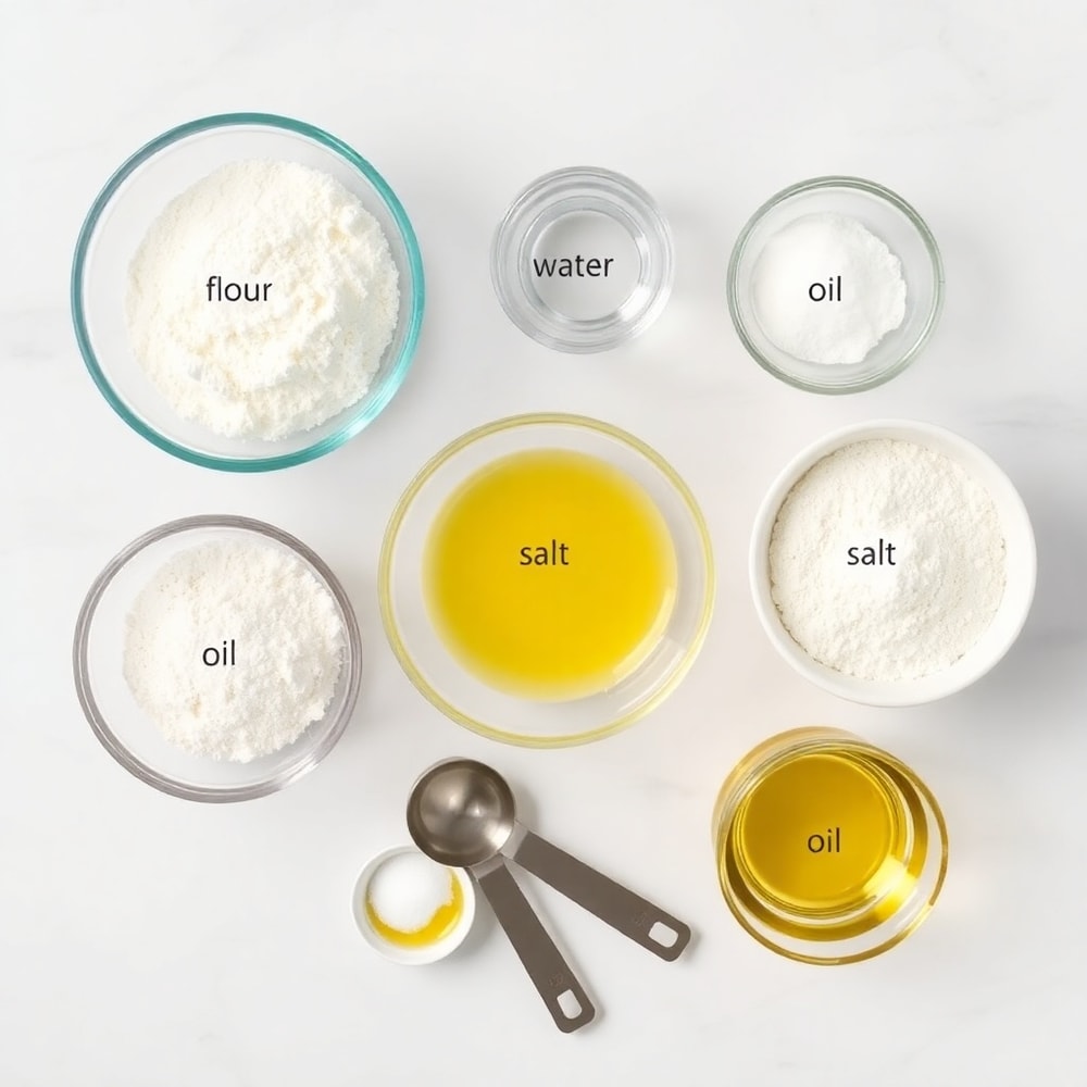 Raw ingredients for homemade sopapillas including flour, water, salt, and oil