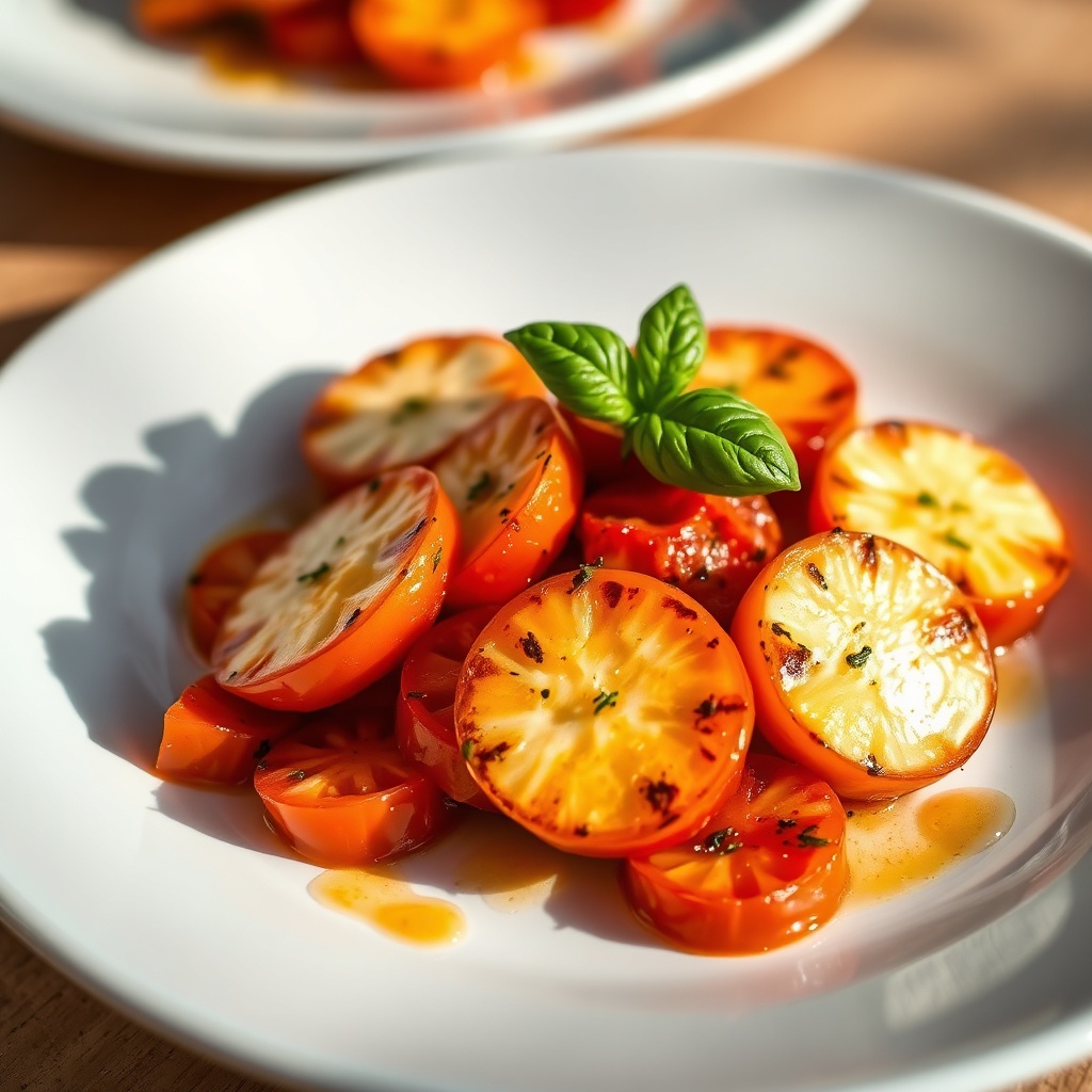 Plated Sweet and Spicy Honey Tomatoes with Halloumi