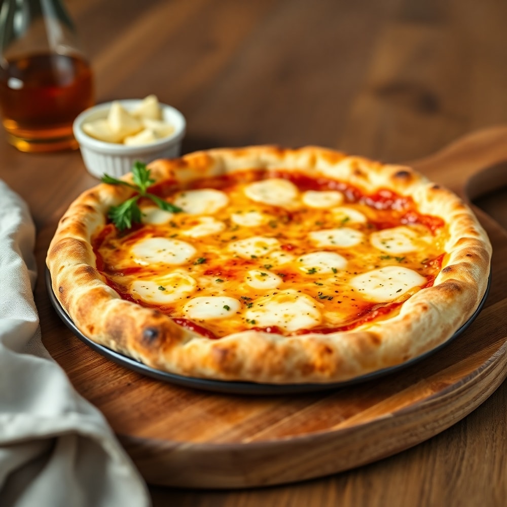 Hot Honey Ricotta Pizza on a wooden board, ready to serve