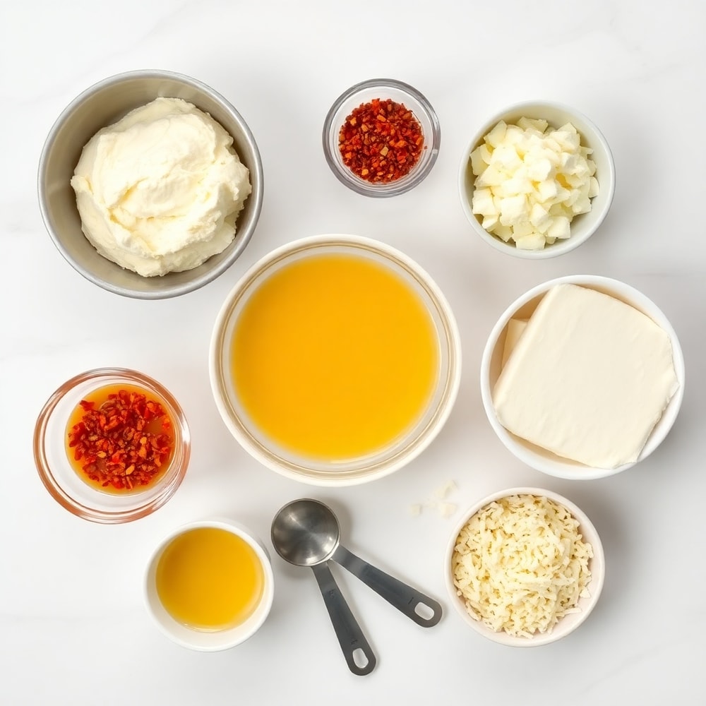 Raw ingredients for Hot Honey Ricotta Pizza including pizza dough, ricotta, honey, and red pepper flakes