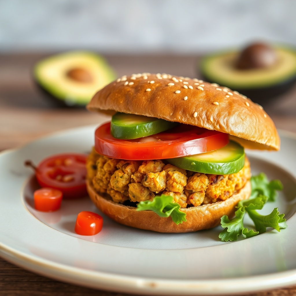 Mediterranean Chickpea Burger with lettuce, tomato, and avocado