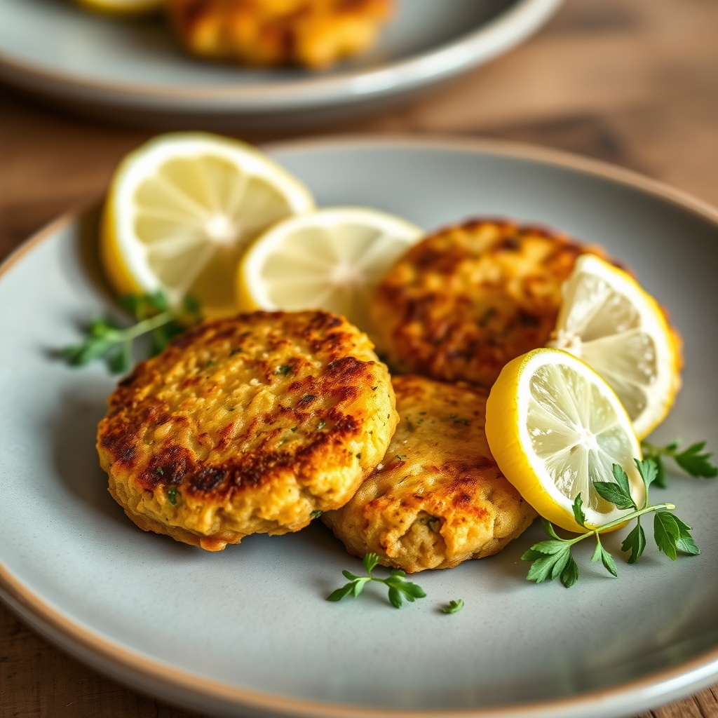 Plated Mediterranean Lemon Chickpea Patties with lemon wedges