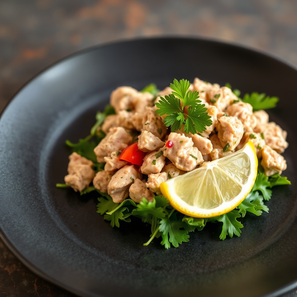 Mediterranean Tuna Salad Without Mayo plated with a lemon wedge