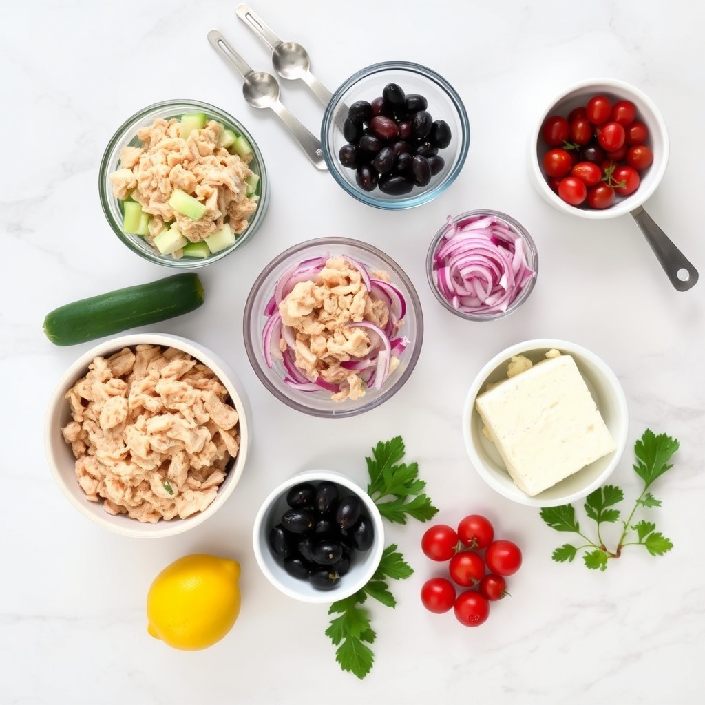 Raw ingredients for Mediterranean Tuna Salad Without Mayo