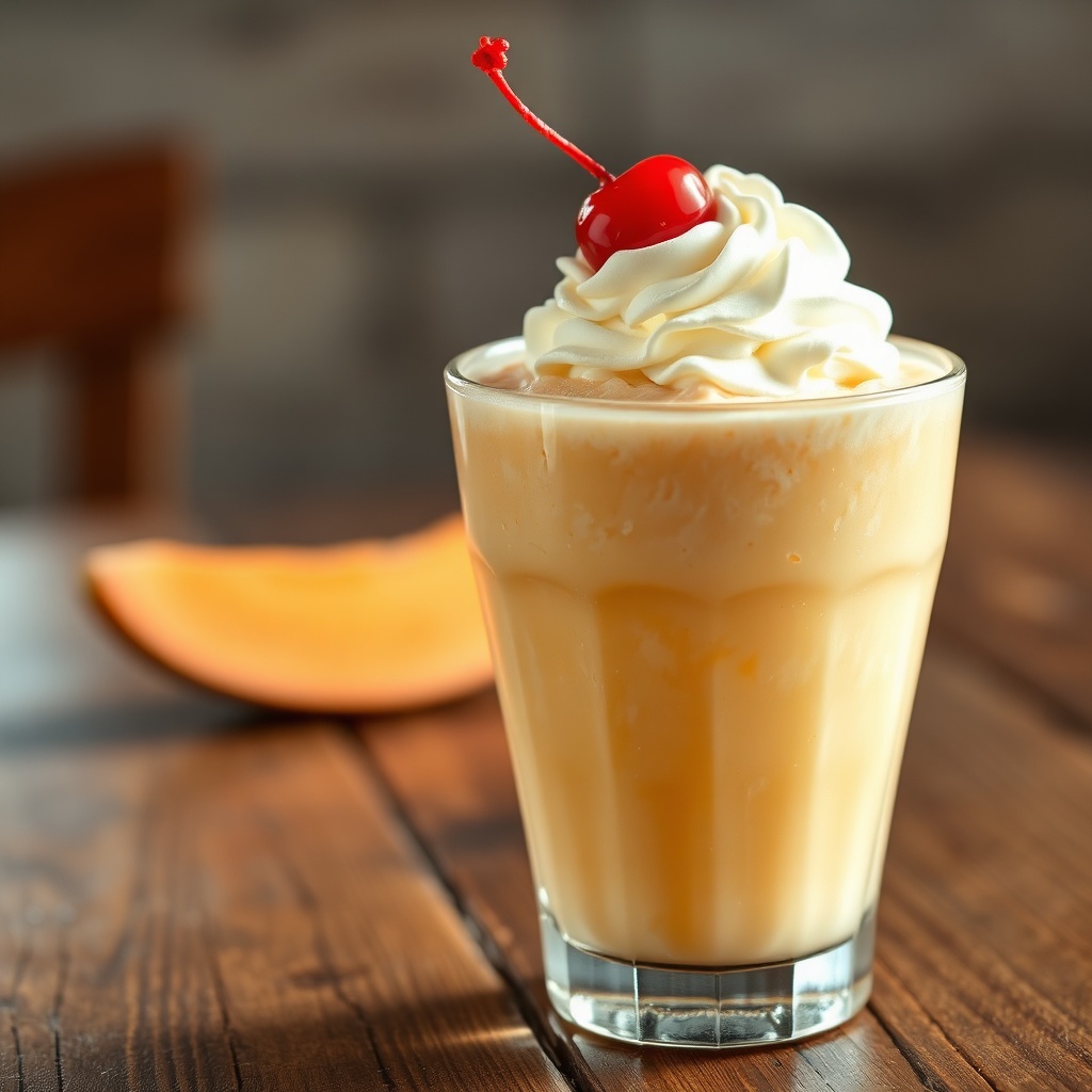 A close-up of a creamy melon soda float in a glass, with whipped cream and a cherry on top, sitting on a rustic wooden table