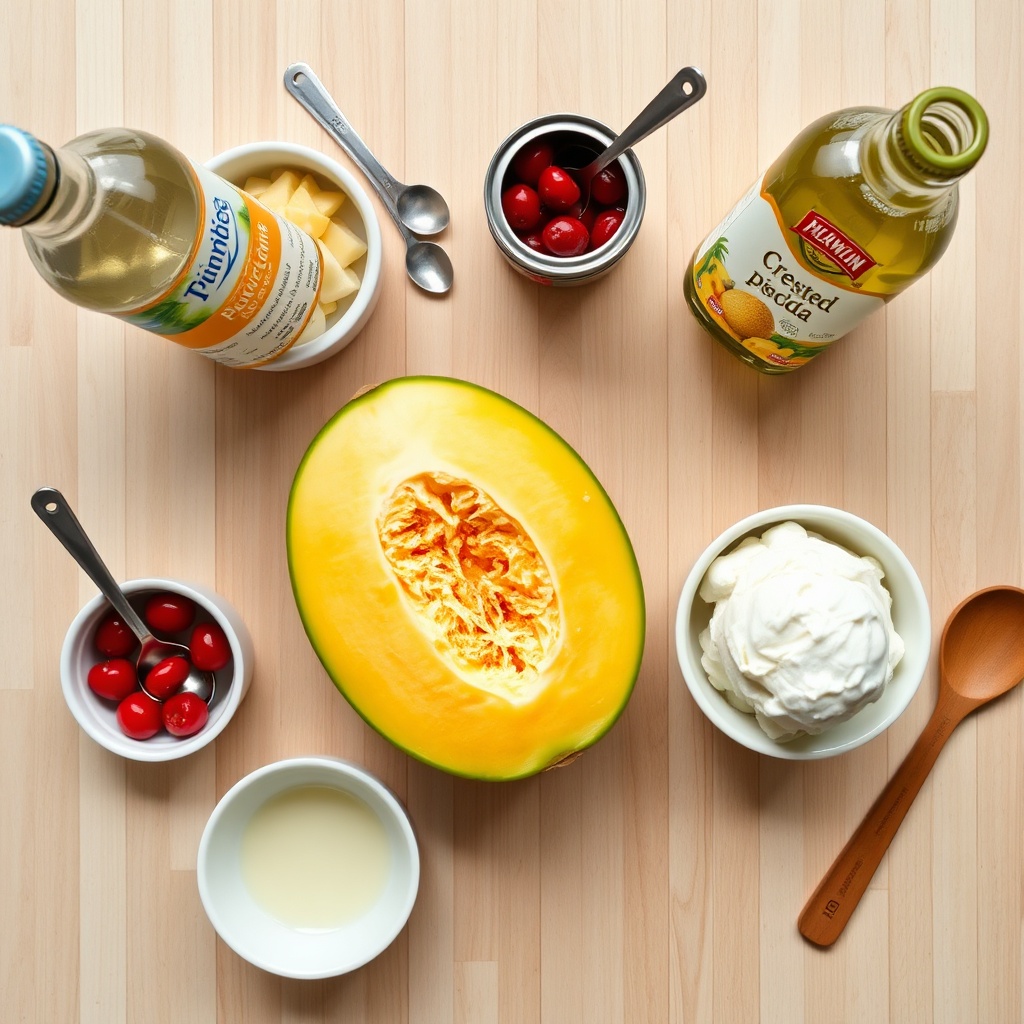 A wooden table with a melon, a scoop of vanilla ice cream, a bottle of cream soda, a can of crushed pineapple, and a jar of maraschino cherries, with measuring spoons and bowls nearby