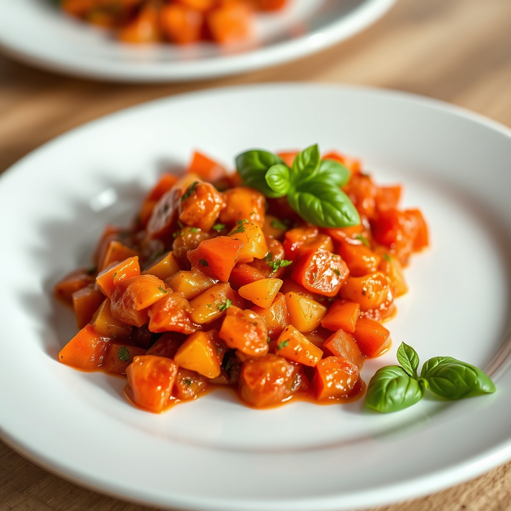 Peperonata served on a plate with a sprinkle of fresh basil