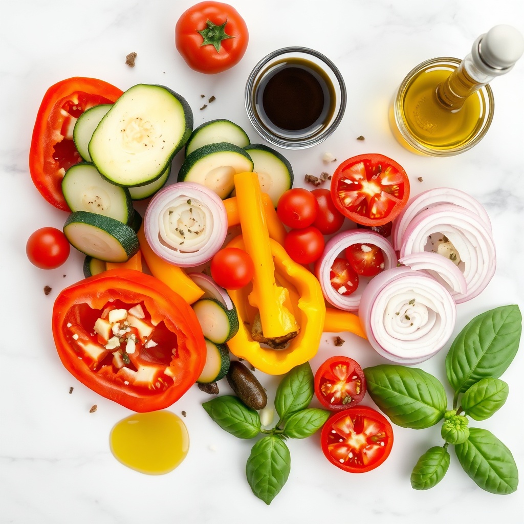 Raw ingredients for Peperonata on a white marble surface