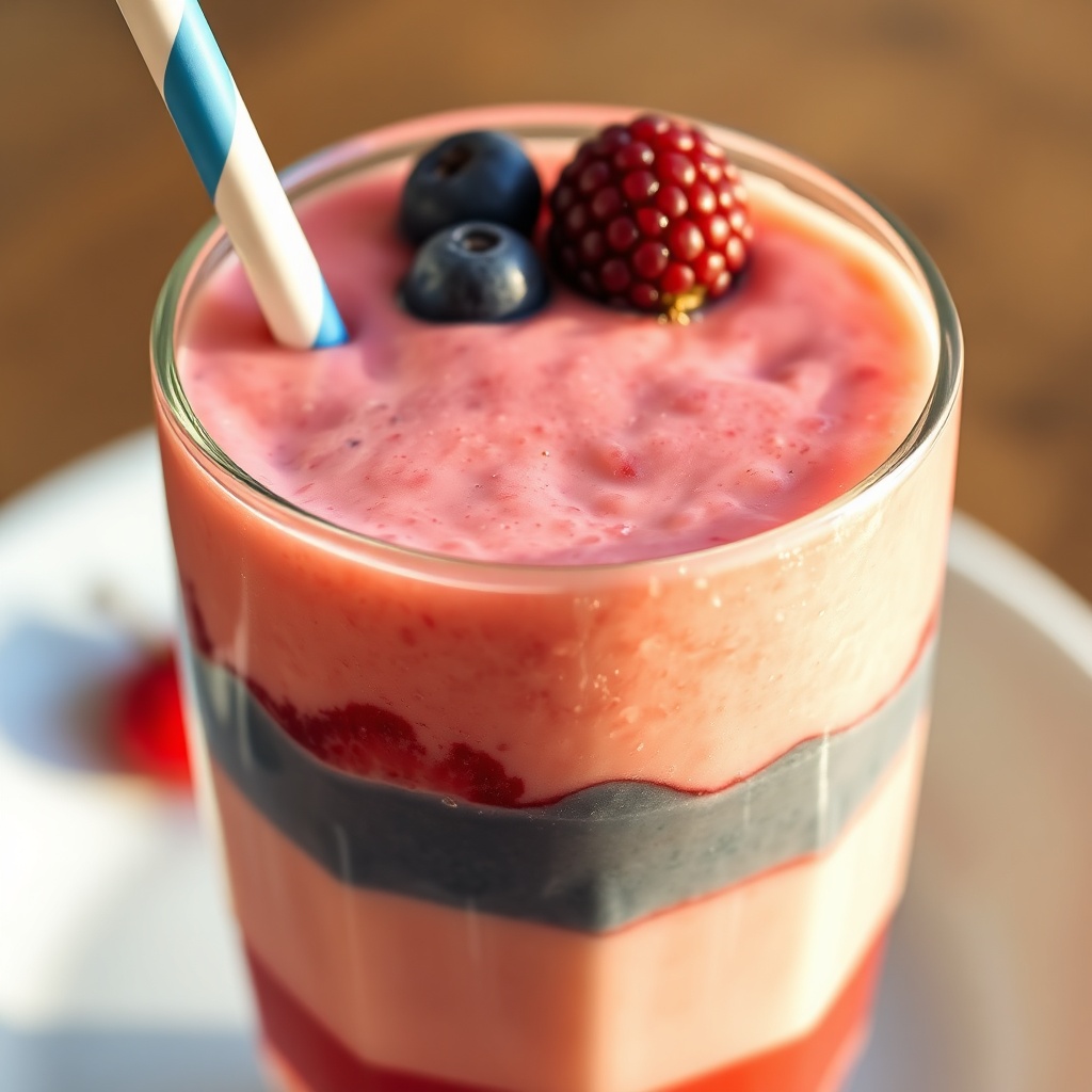 Red White and Blue Smoothie served in a glass with a straw
