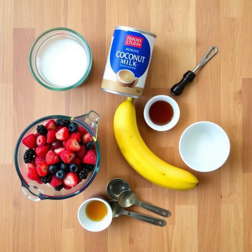 Ingredients for Red White and Blue Smoothie on a wooden surface