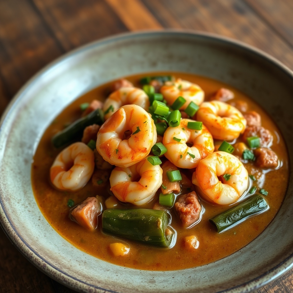 Plated serving of Shrimp & Sausage Gumbo with rice and crispy okra