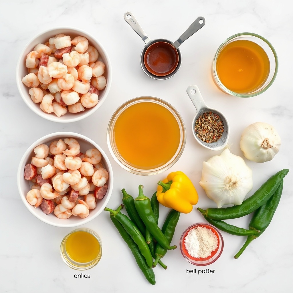 Raw ingredients for Shrimp & Sausage Gumbo: shrimp, sausage, okra, bell peppers, onions, garlic, etc.