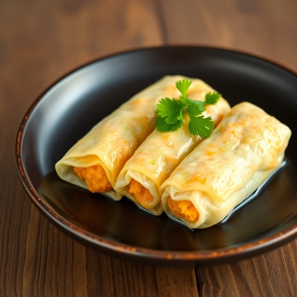 Thai Coconut Curry Cabbage Rolls plated with fresh cilantro